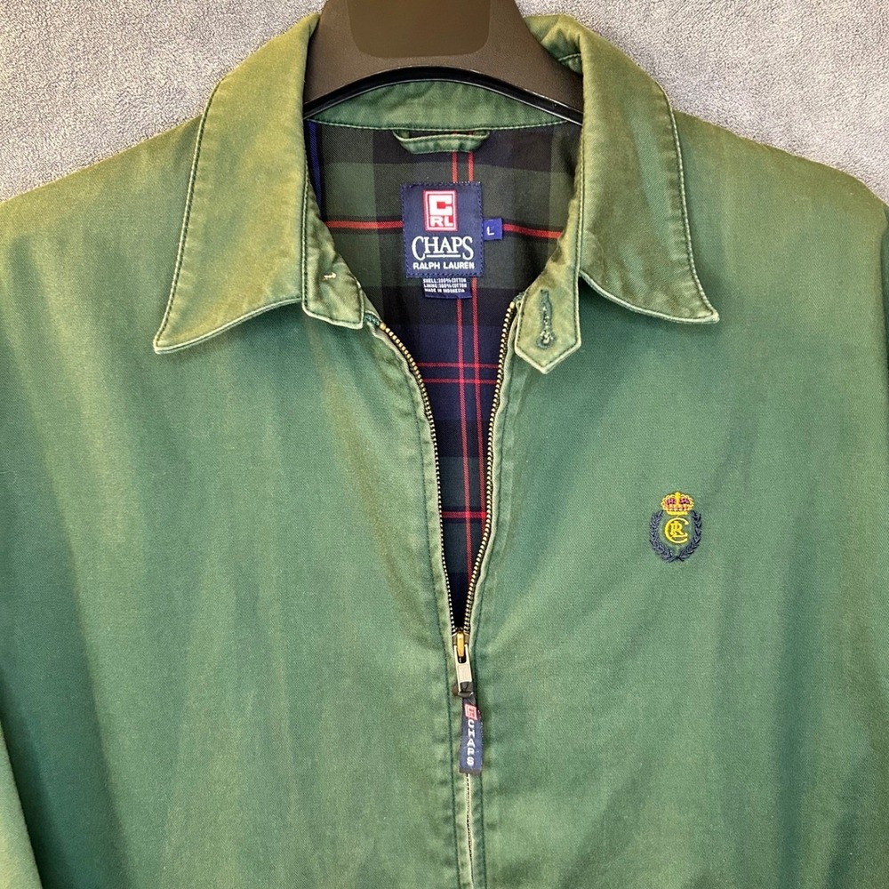 VTG Chaps Ralph Lauren Harrington Mens L Faded Green Patina Jacket Plaid Lined